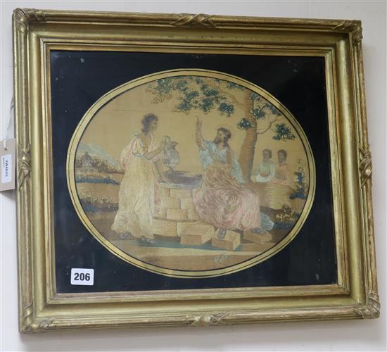 A Regency oval embroidered and stumpwork silk picture 44cm x 51cm overall